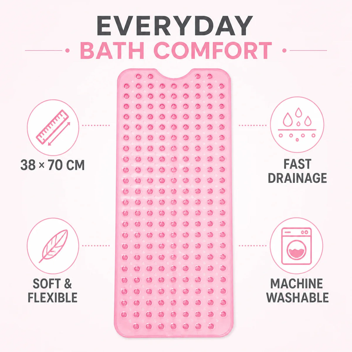 Pink PVC Non-Slip Bathtub Mat - Safe Shower Floor Liner with Drainage Holes, Soft Anti-Skid Bath Pad for Kids, Elderly & Daily Bathroom Safety (70x38cm)