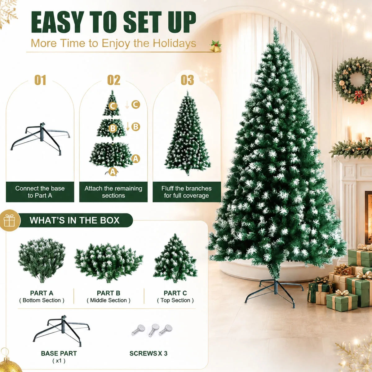 Flocked Artificial Tree With Foldable Metal Base for Holiday Decor