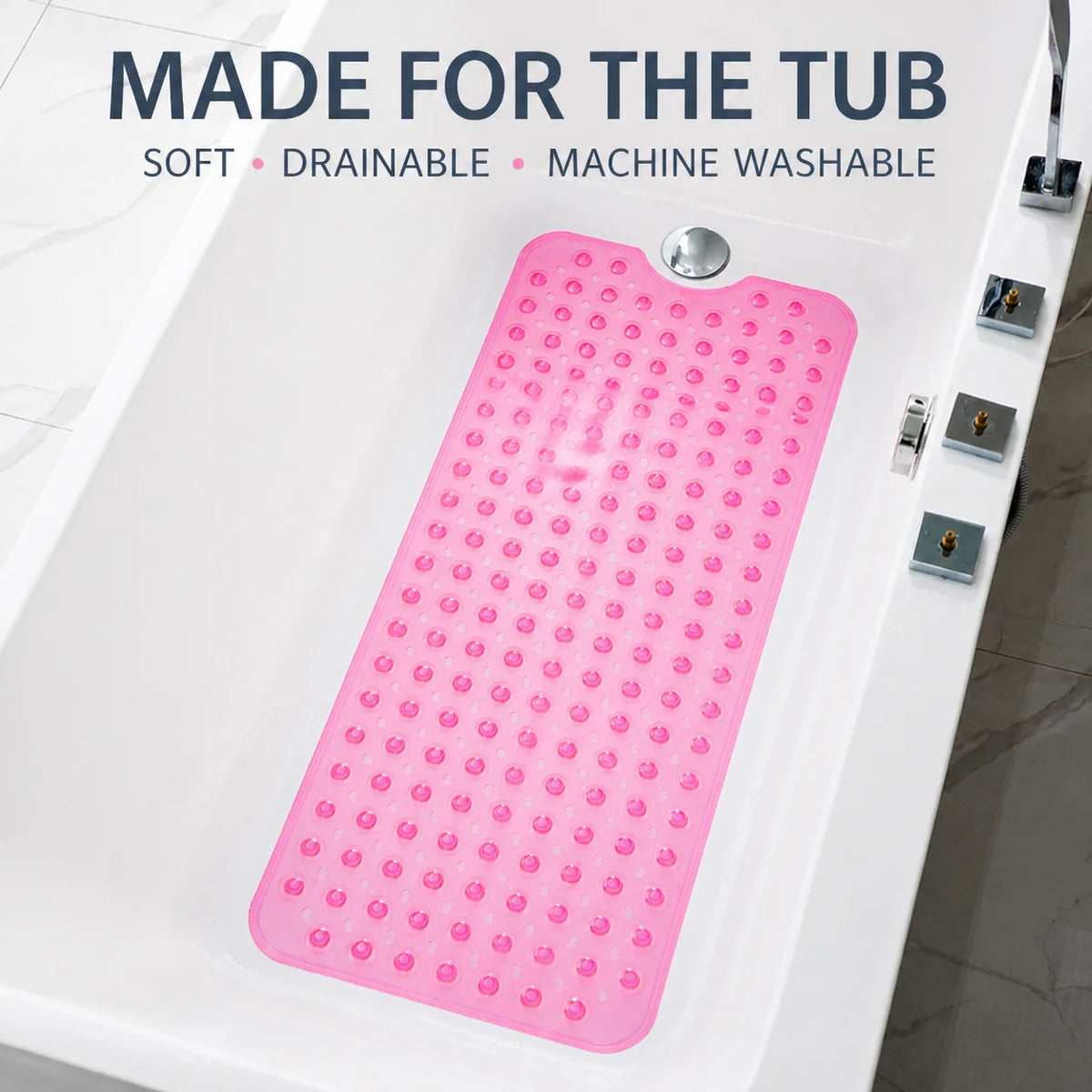 Pink PVC Non-Slip Bathtub Mat - Safe Shower Floor Liner with Drainage Holes, Soft Anti-Skid Bath Pad for Kids, Elderly & Daily Bathroom Safety (70x38cm)