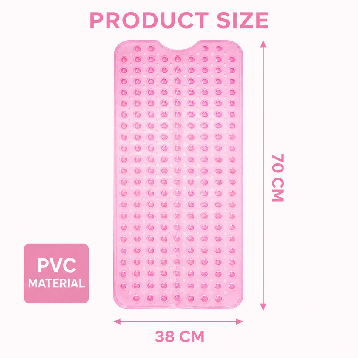 Pink PVC Non-Slip Bathtub Mat - Safe Shower Floor Liner with Drainage Holes, Soft Anti-Skid Bath Pad for Kids, Elderly & Daily Bathroom Safety (70x38cm)