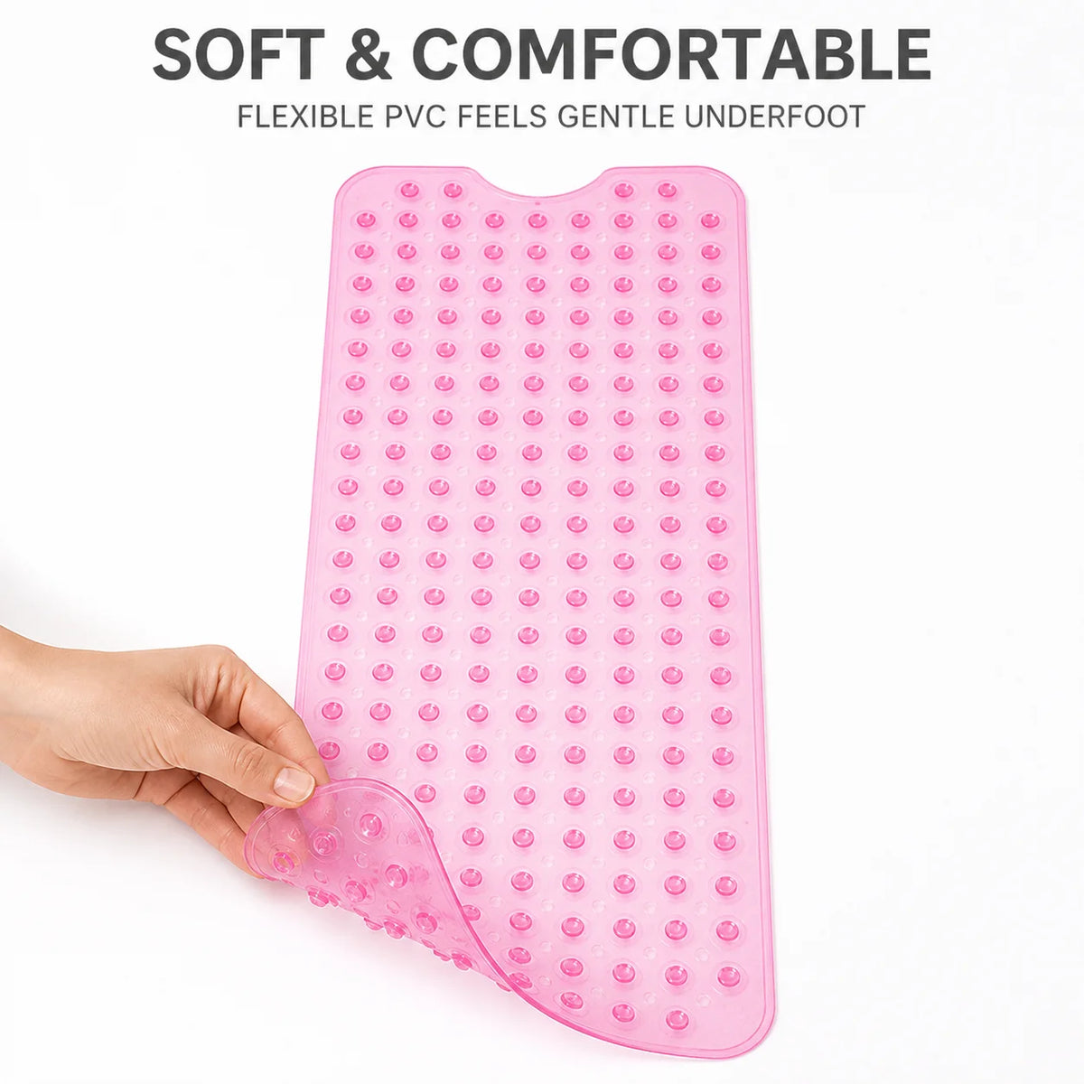 Pink PVC Non-Slip Bathtub Mat - Safe Shower Floor Liner with Drainage Holes, Soft Anti-Skid Bath Pad for Kids, Elderly & Daily Bathroom Safety (70x38cm)
