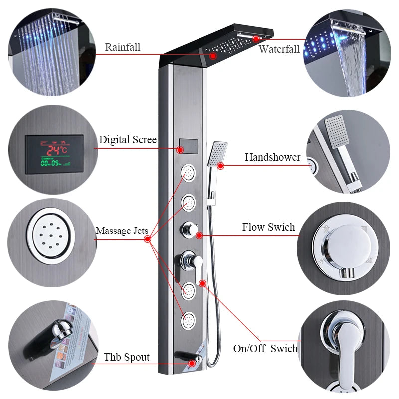 Shinesia LED Shower Panel With Massage Jets And Rainfall Faucet