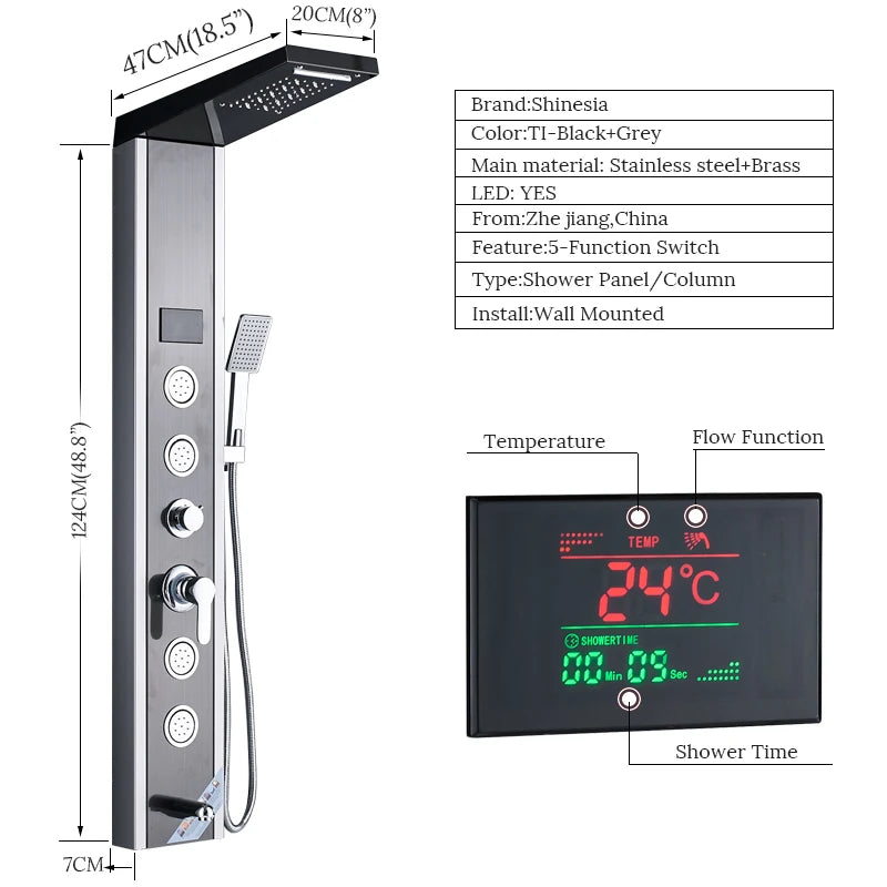 Shinesia LED Shower Panel With Massage Jets And Rainfall Faucet