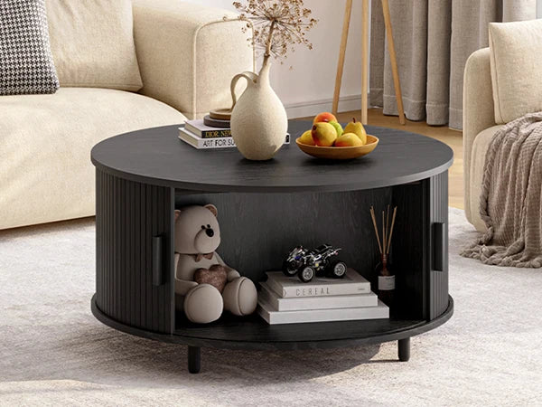 ONBRILL Round Coffee Table With Storage And Curved Sliding Door