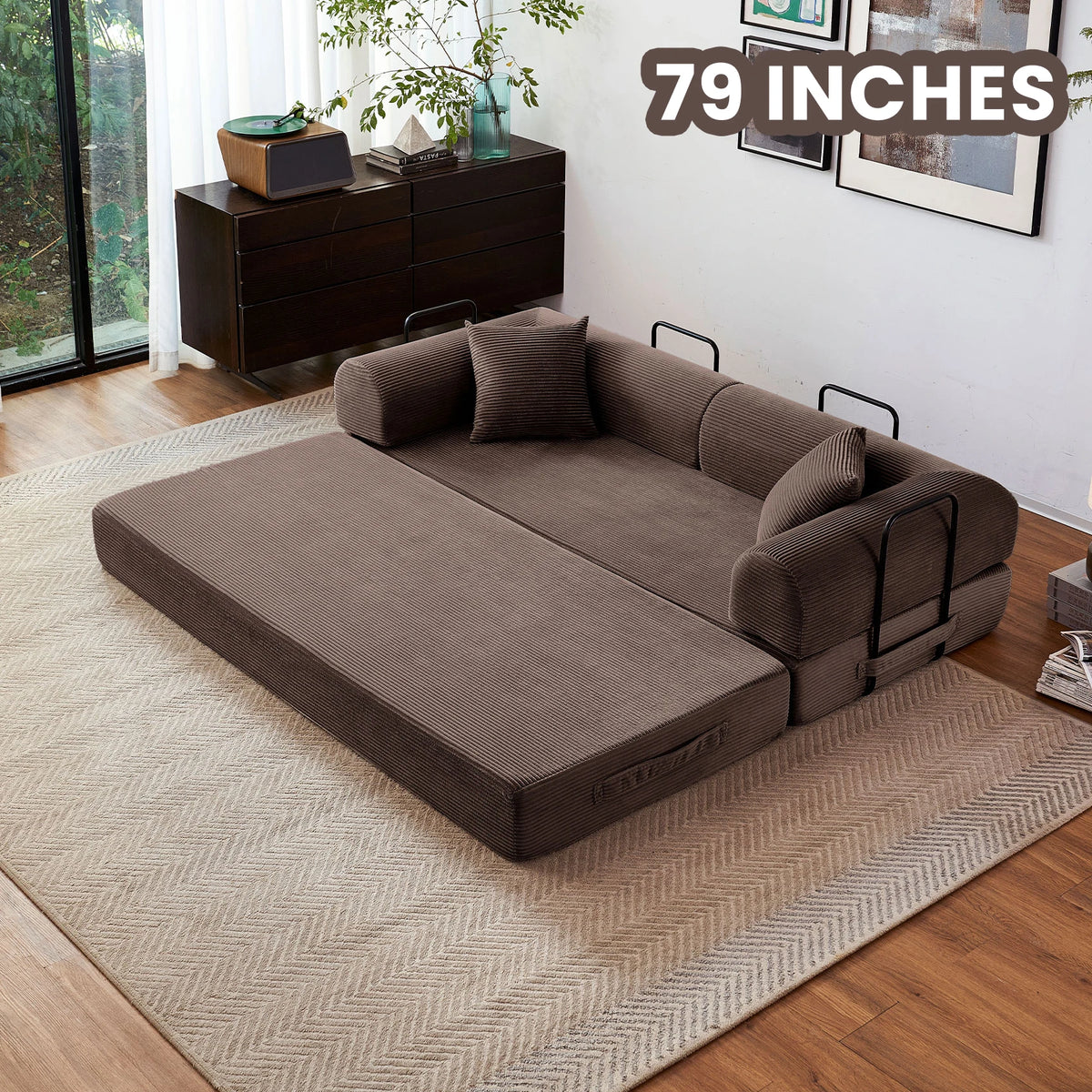 Foldable Convertible Futon Sleeper Sofa Bed With L Shaped Armrests