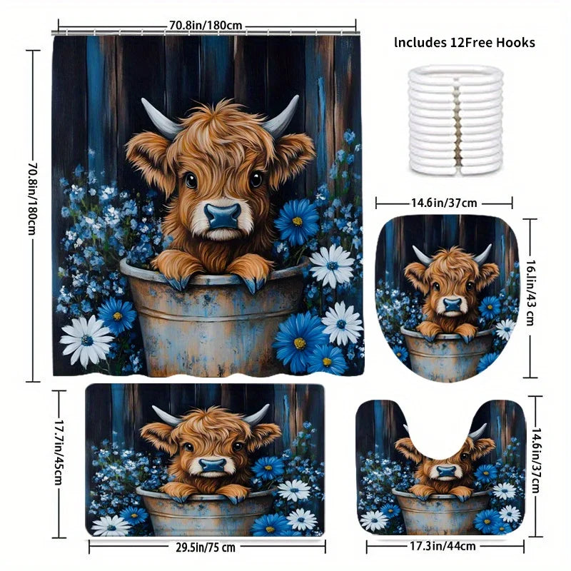 Highland Cow Scottish Farmhouse Bathroom Shower Curtain Set
