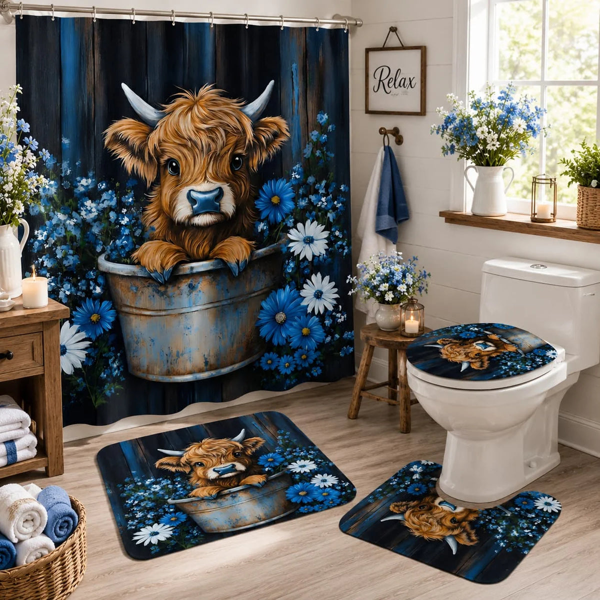 Highland Cow Scottish Farmhouse Bathroom Shower Curtain Set