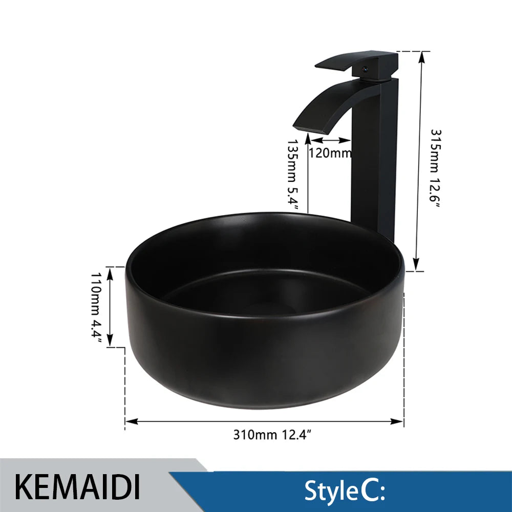 MEKKHALA Round Ceramic Above Counter Bathroom Sink With Faucet Set