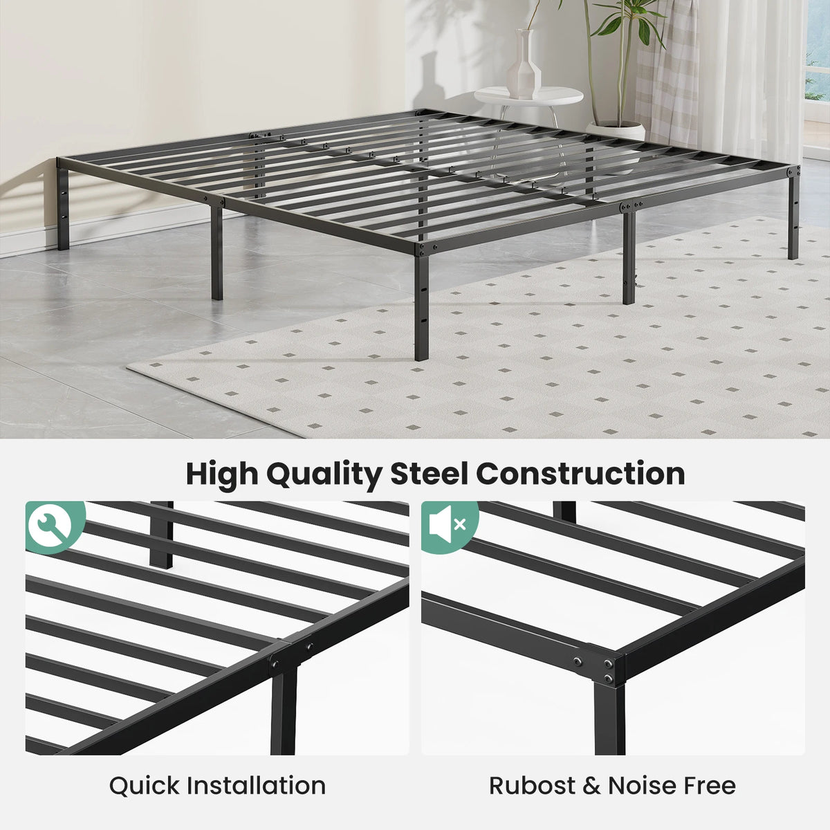 JHK Metal Platform Bed Frame With Sturdy Steel Slat Support