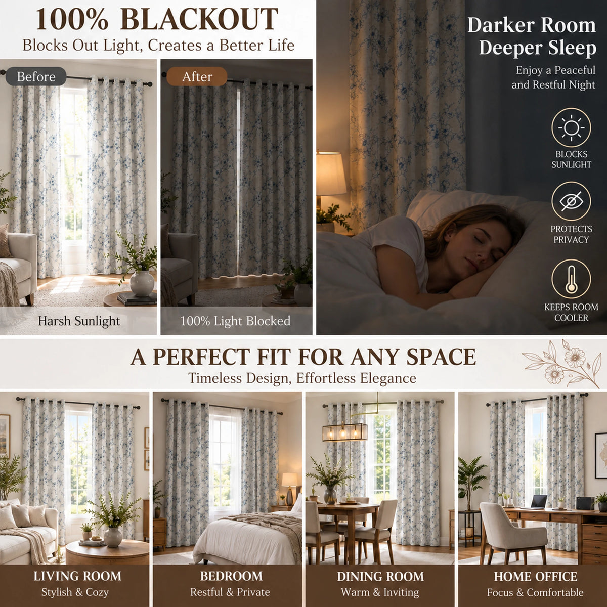 Floral Print Blackout Curtains With Thermal Insulation And Noise Reduction