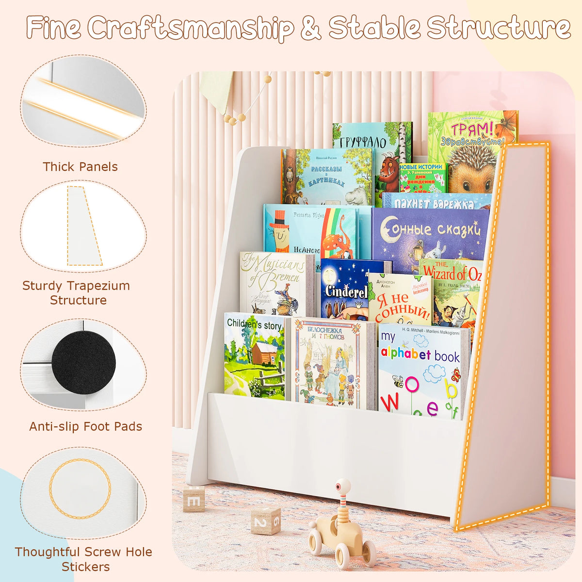HOMASIS Kids Wooden Sling Bookshelf With Deep Shelves for Toddlers