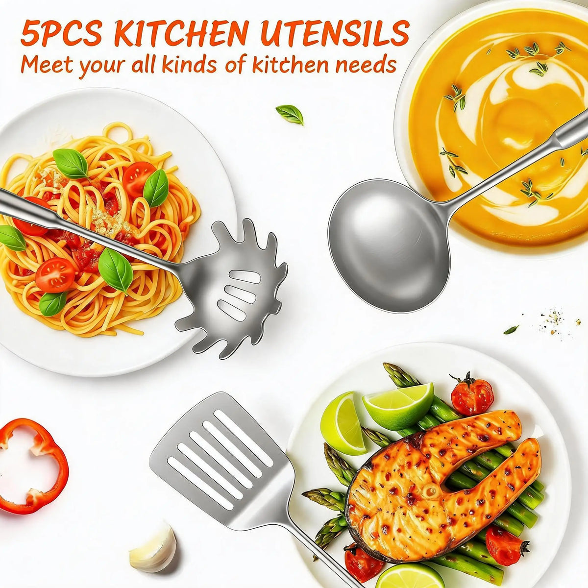 Stainless Steel Kitchen Utensil Set with Turner, Ladle and Skimmer