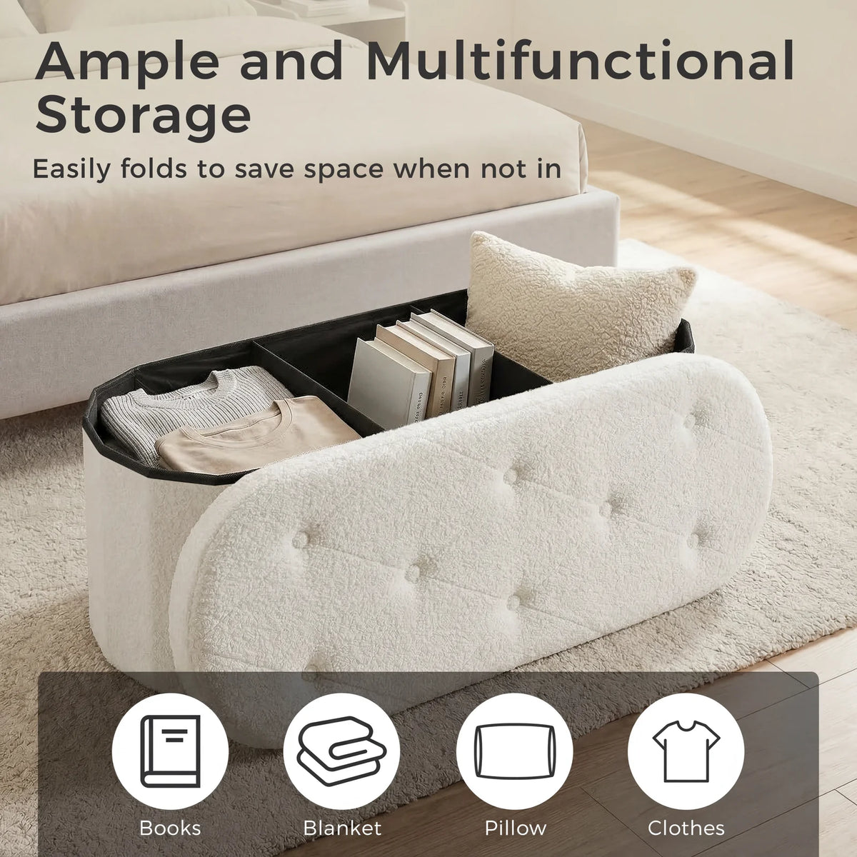MCQ Faux Fur Storage Ottoman Stool for Bedroom Vanity Seating