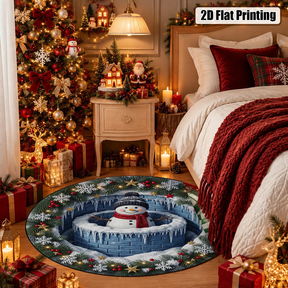 Winter Snowman Velvet Rug With Snowflake Pattern And Rubber Backing