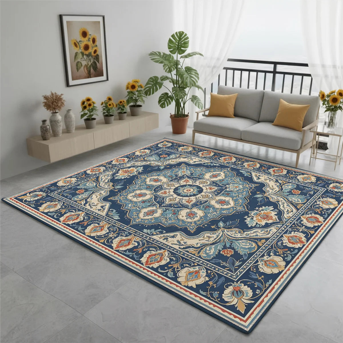 Vintage Persian Floral Velvet Rug, Machine Washable Non Slip Carpet