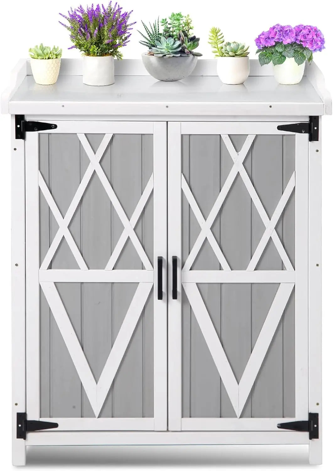 Fir Wood Iron Garden Work Table with Outdoor Storage Cabinet