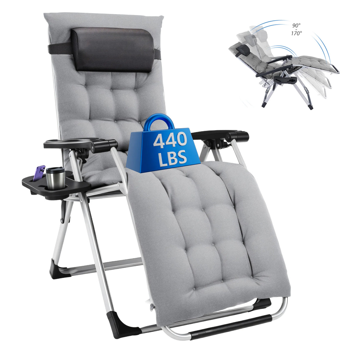 MCQ Zero Gravity Cushioned Folding Lounge Chair With Cup Holder Cooler Bag