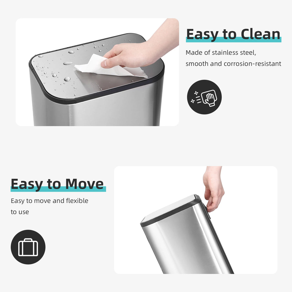 20/50L Stainless Steel Kitchen Trash Can Soft-Close Lid - Removable Inner Bucket Hands-Free Step Pedal,Rectangular Wastebasket for Kitchen, Office, Bathroom, Bedroom