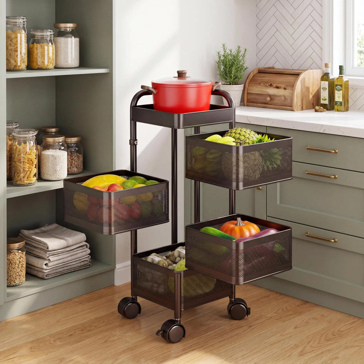 4 5 Tier Rotating Kitchen Storage Cart Thickened Carbon Steel With Wheels Top Lid Fruit Vegetable Basket Mobile Produce Organizer Utility Rack For Bathroom Living Room No Assembly Required