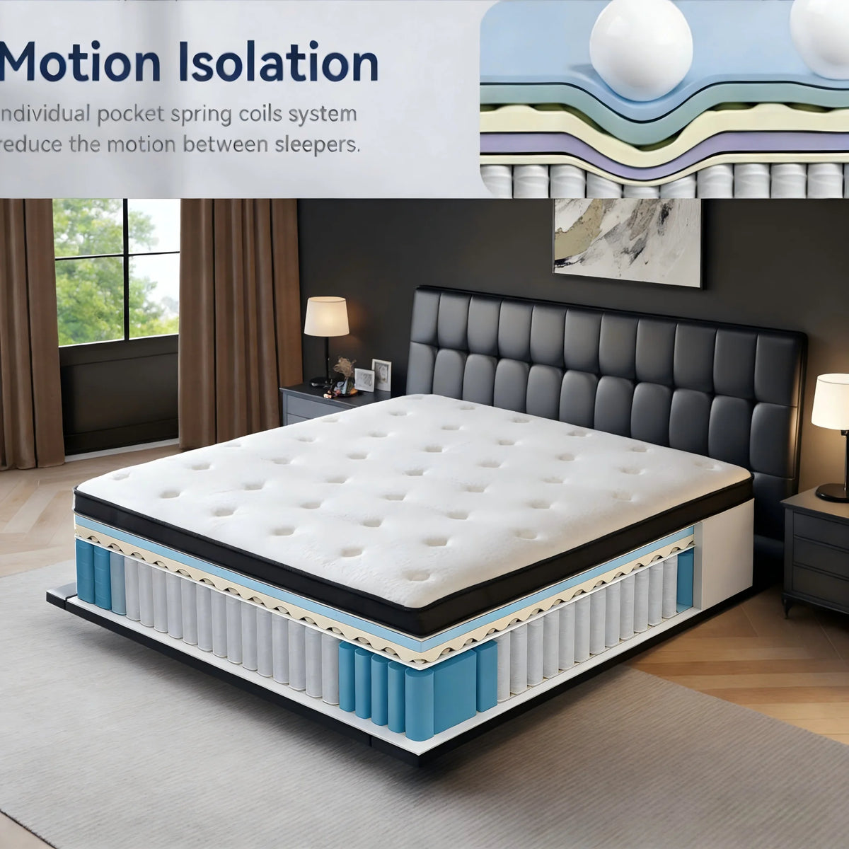 CAREBODY 12/14 Inch Queen Size Hybrid Double Mattress with Memory Foam and Pocket Springs, Medium Firm,Motion Isolation