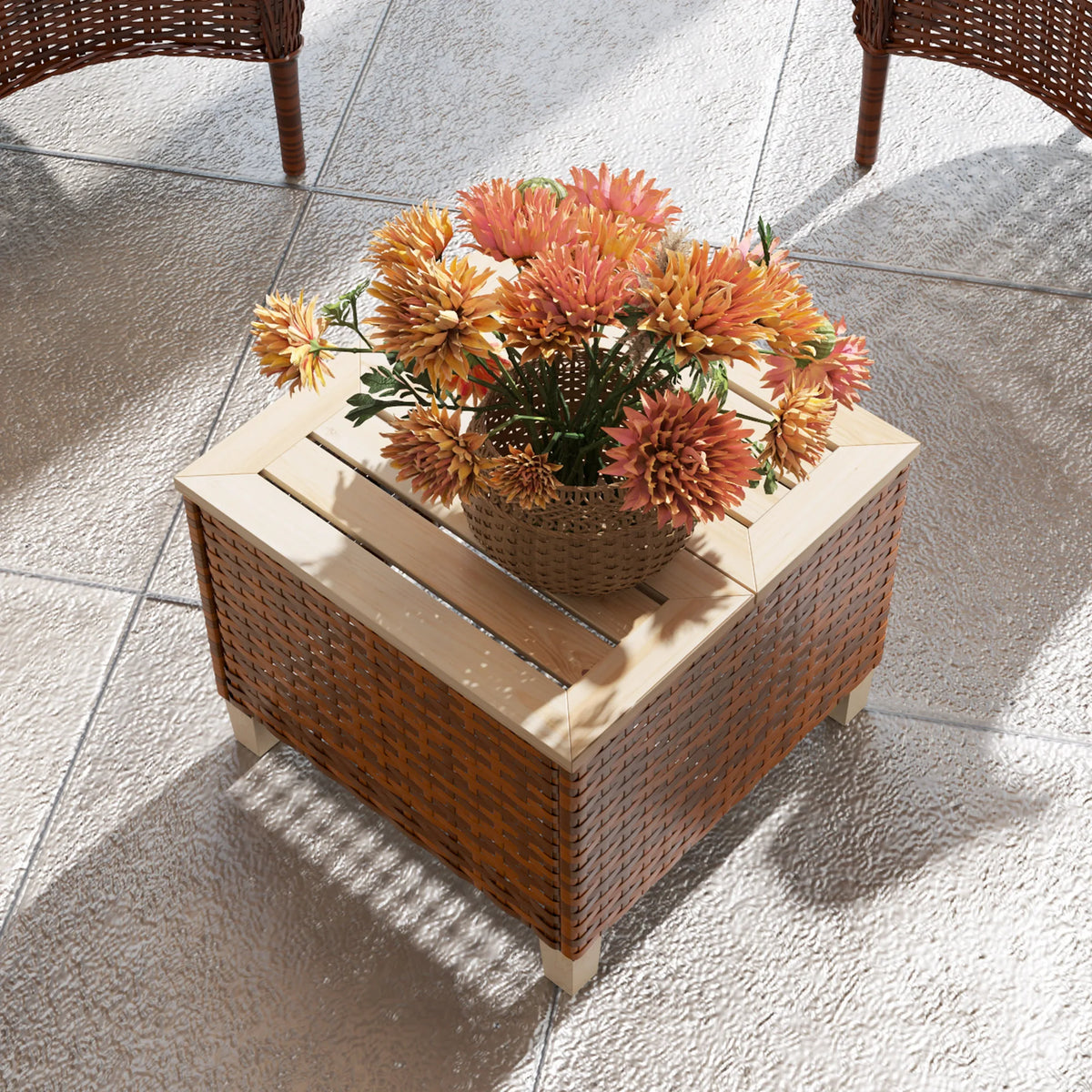 Outsunny Outdoor Side Table With PE Rattan And Wood Top