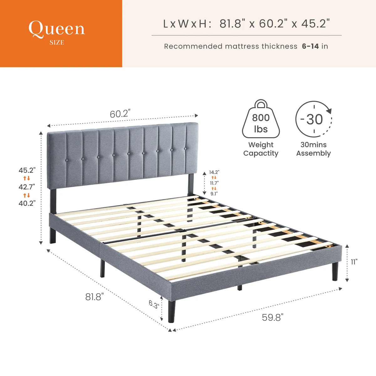MCQ Upholstered Platform Bed With Adjustable Headboard And Wooden Slats