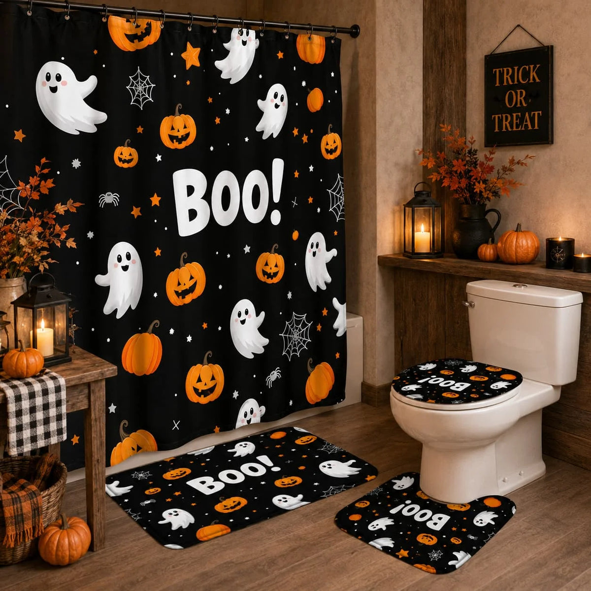 Halloween Pumpkin Ghost Bathroom Shower Curtain Set With Toilet Covers