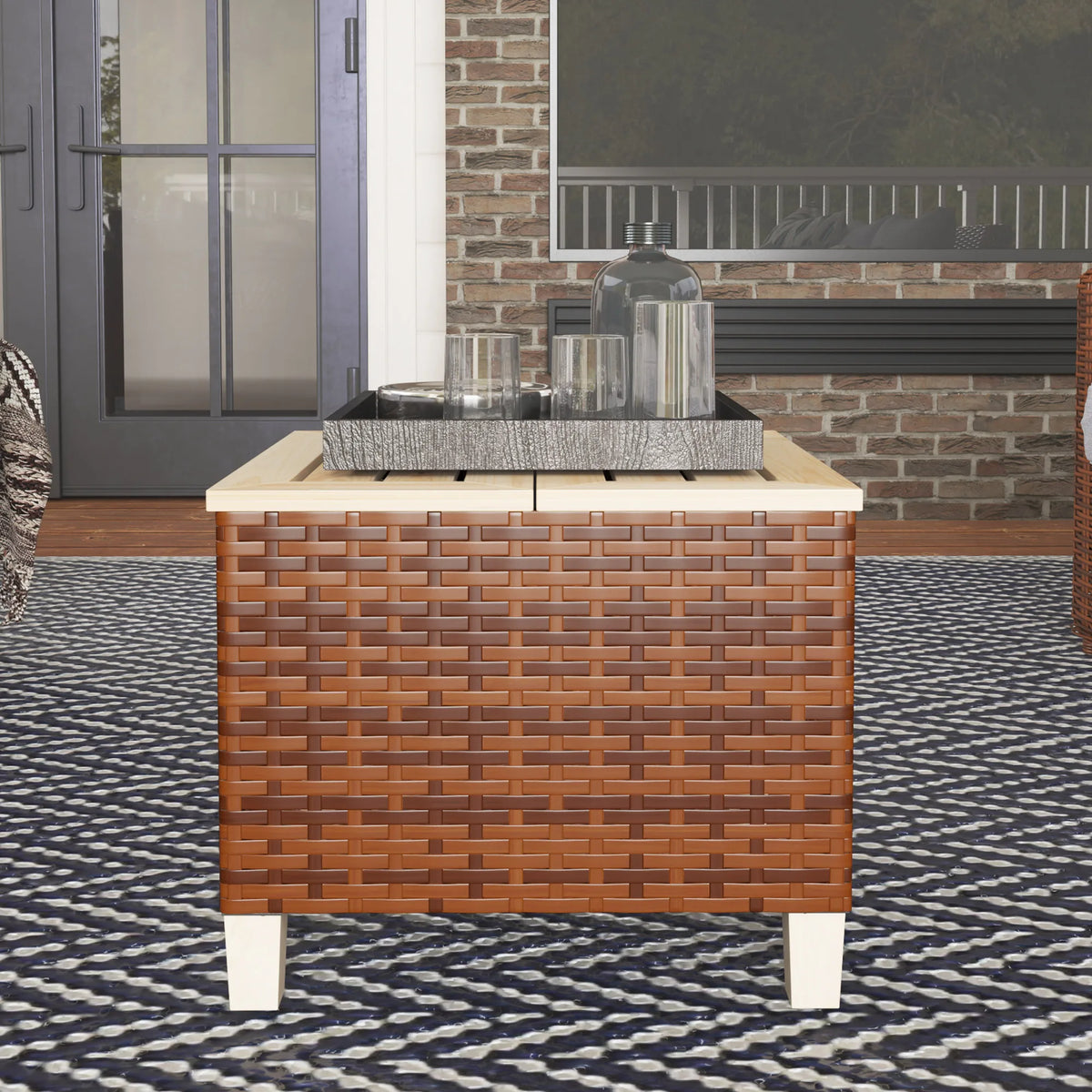Outsunny Outdoor Side Table With PE Rattan And Wood Top