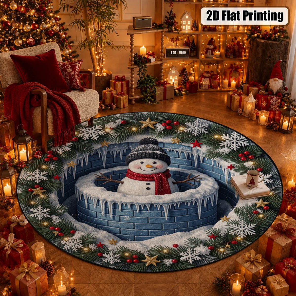 Winter Snowman Velvet Rug With Snowflake Pattern And Rubber Backing