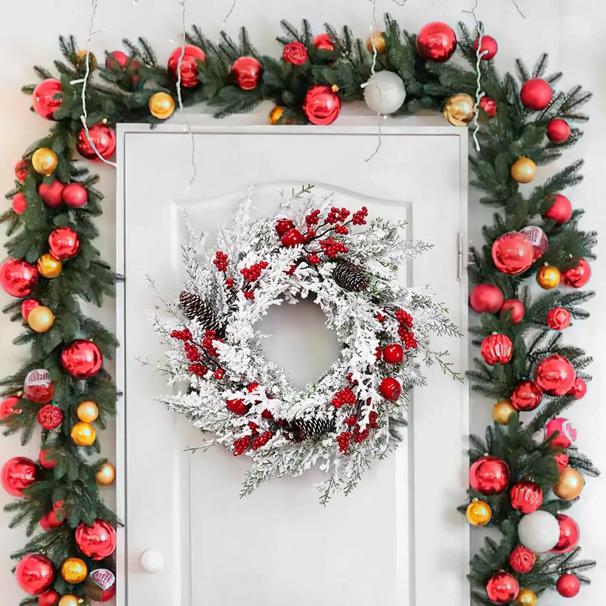 Garvee Snow Flocked Christmas Wreath With Pinecones And Berries