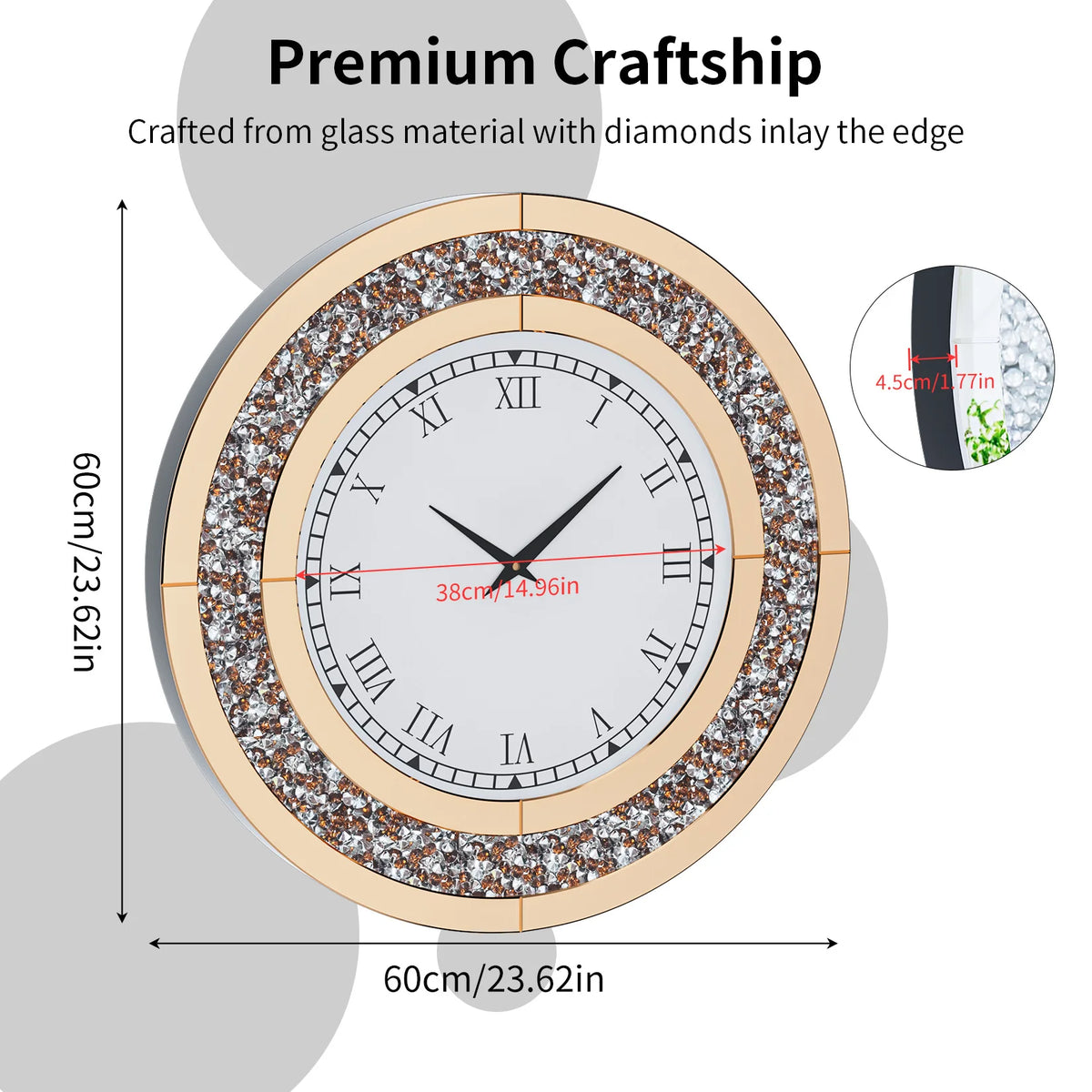 Crystal Sparkle Mirrored Wall Clock for Living Room Decor