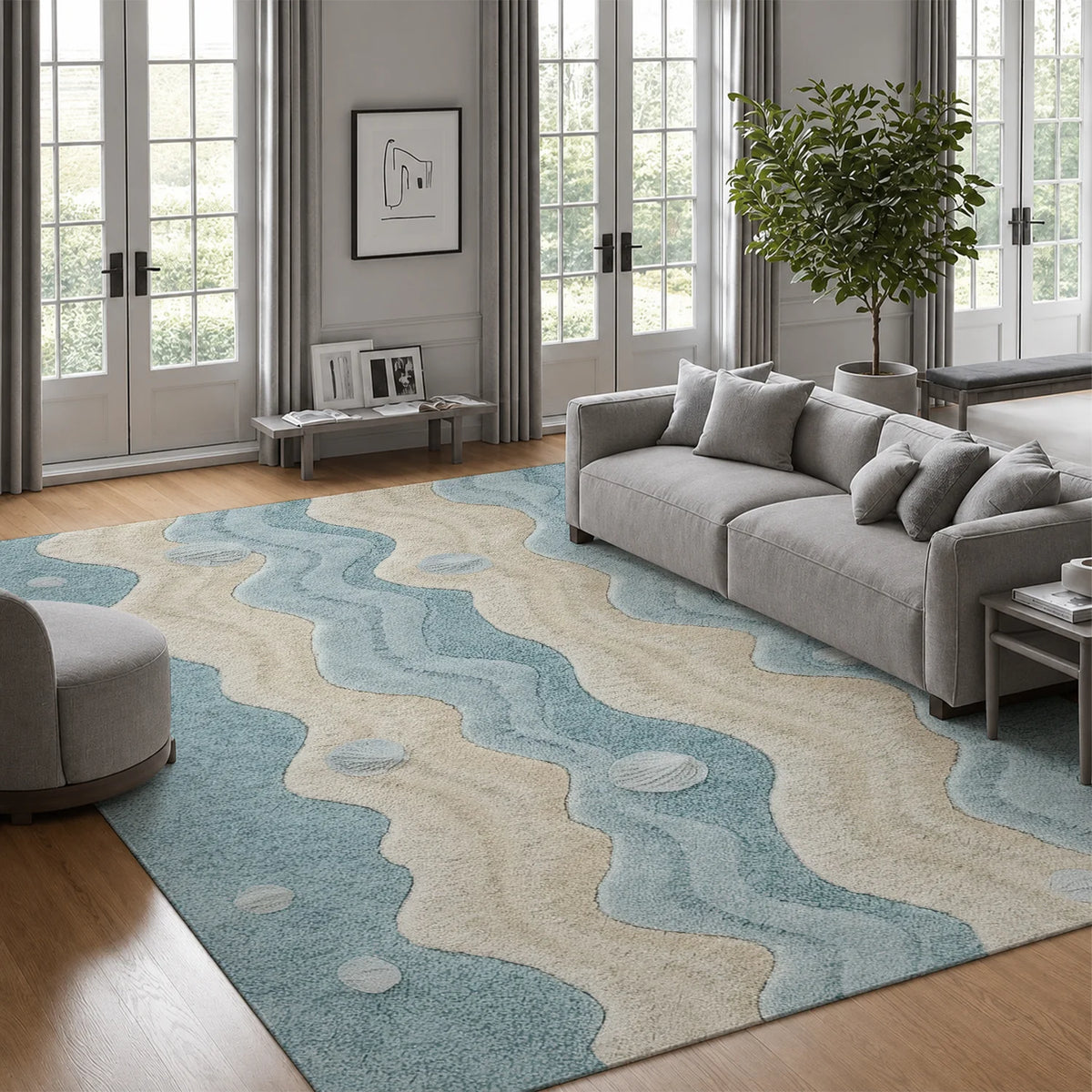 Machine Washable Coastal Wave Seashell Rug With Non Slip Backing