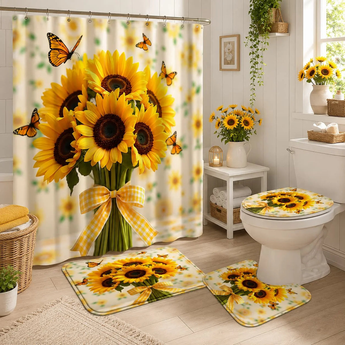 Sunflower Butterfly Printed Shower Curtain Set With Hooks And Mats