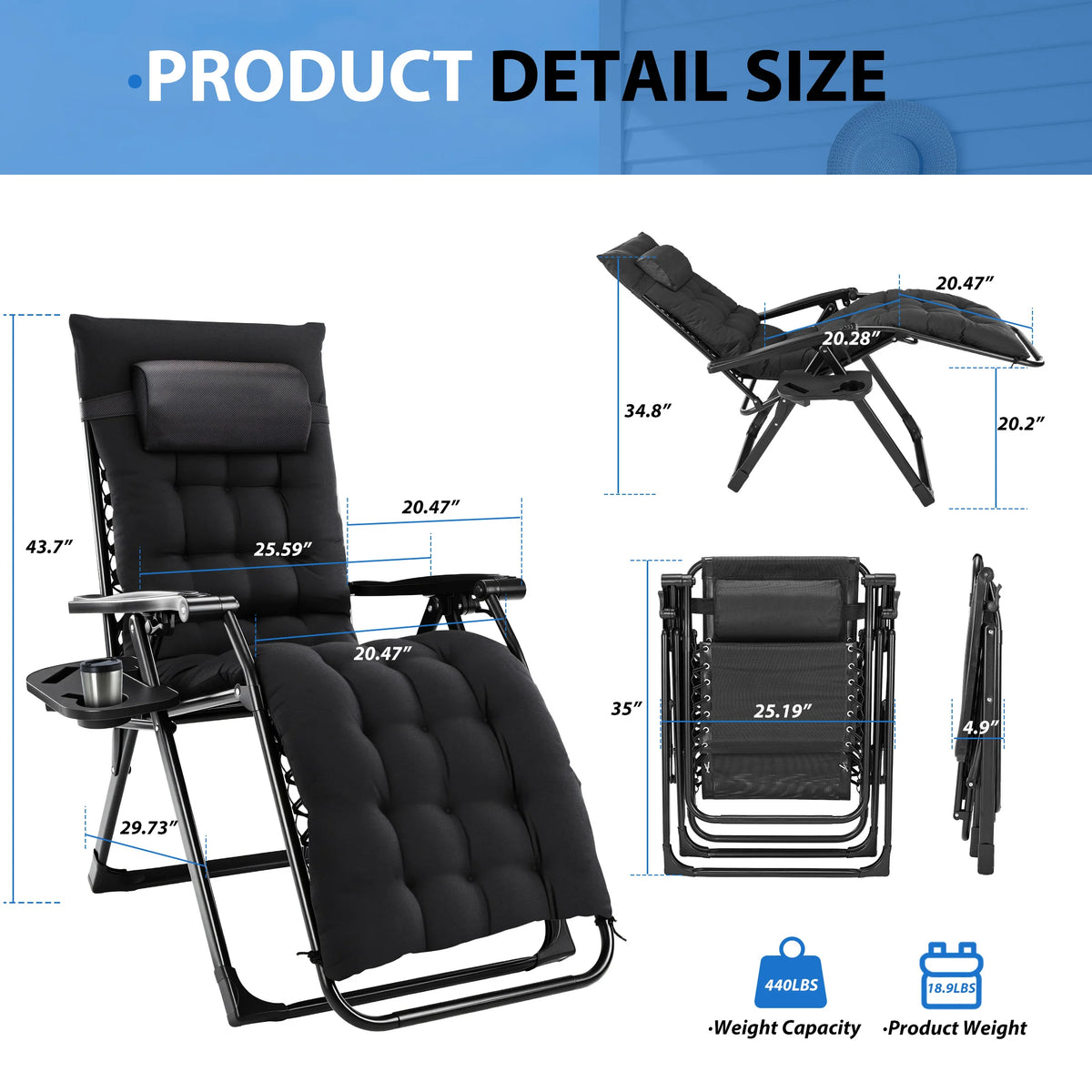 MCQ Zero Gravity Cushioned Folding Lounge Chair With Cup Holder Cooler Bag