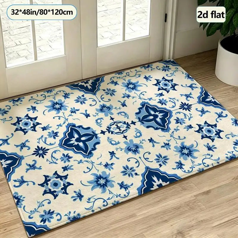 Blue and White Porcelain Floral Carpet Flooring, Traditional Oriental Style Area Rug for Living Room Bedroom Home Decor