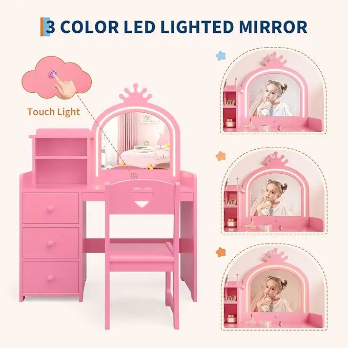 HiMISS Kids Vanity Desk With Lights And Bookshelf Chair Set