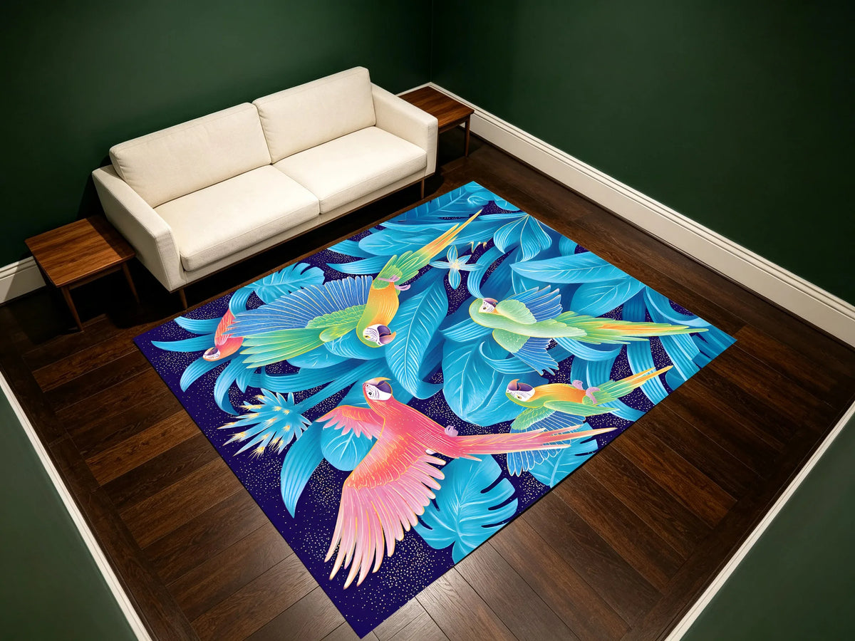 Large Area Rug Tropical Leaf Parrot Print Soft Velvet Smooth Living Room Bedroom Home Decor Area Rug