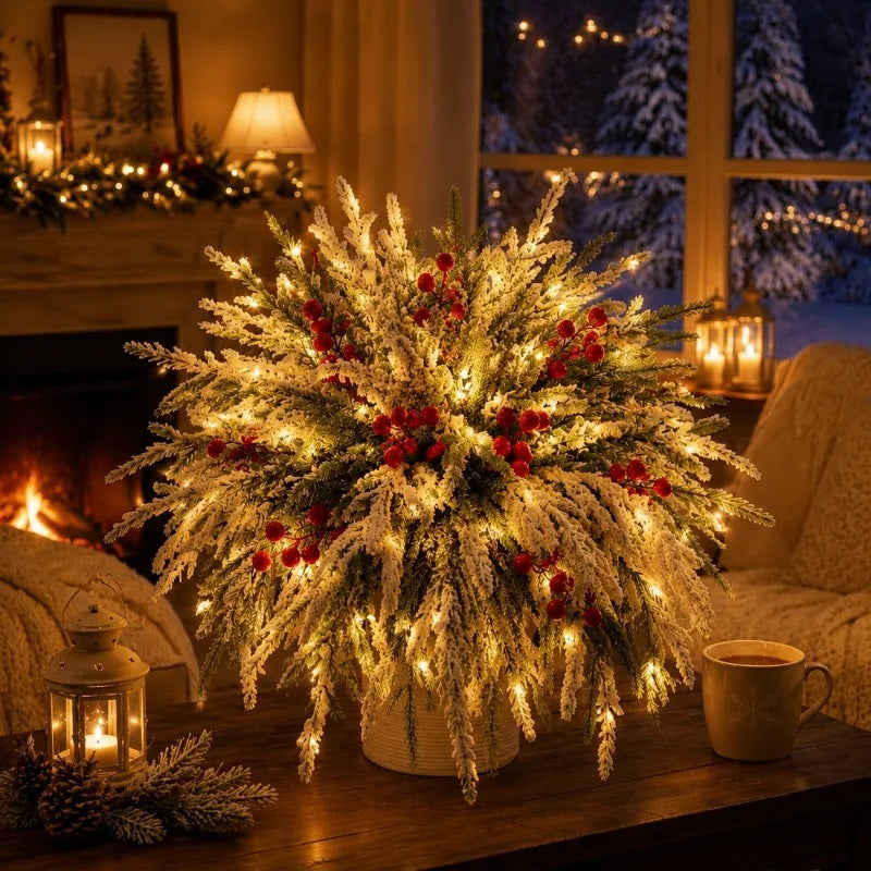 Artificial Norfolk Pine Branches With Red Berries for Holiday Decor