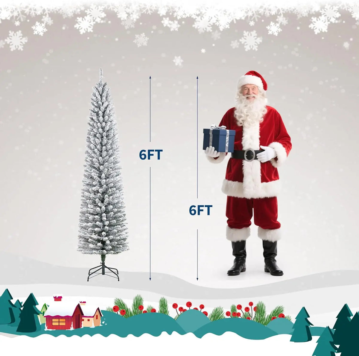 Tall Slim Artificial Pencil Christmas Tree with Snow Flocking Realistic Mixed PVC Branches Space-Saving Holiday Decoration