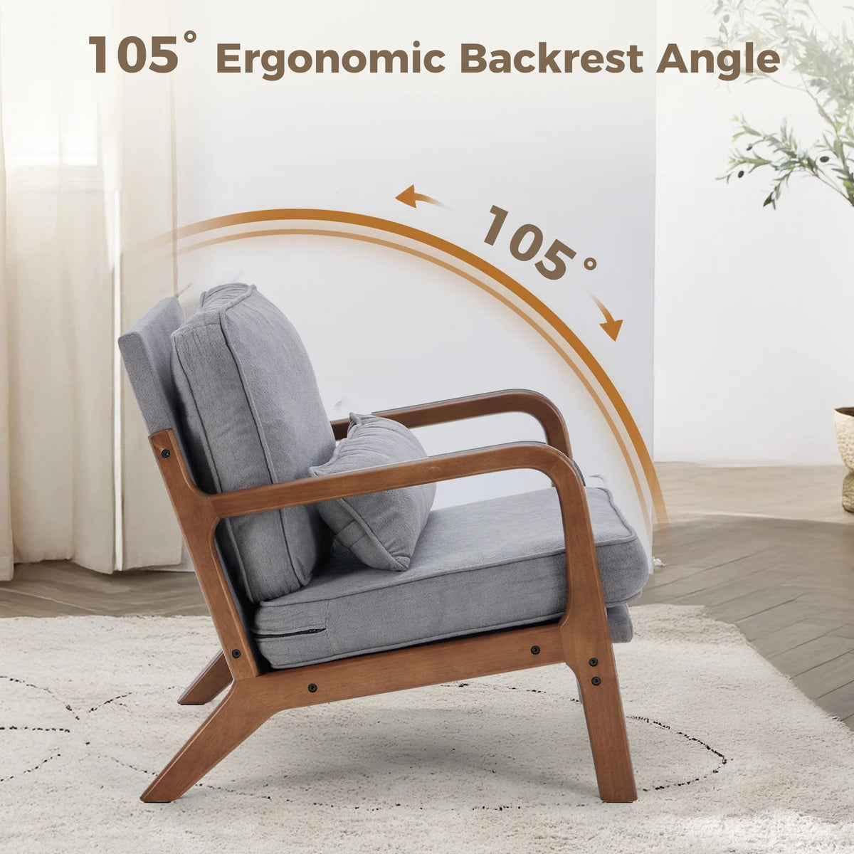 JHK Mid Century Wooden Accent Chair With Arms And Cushion