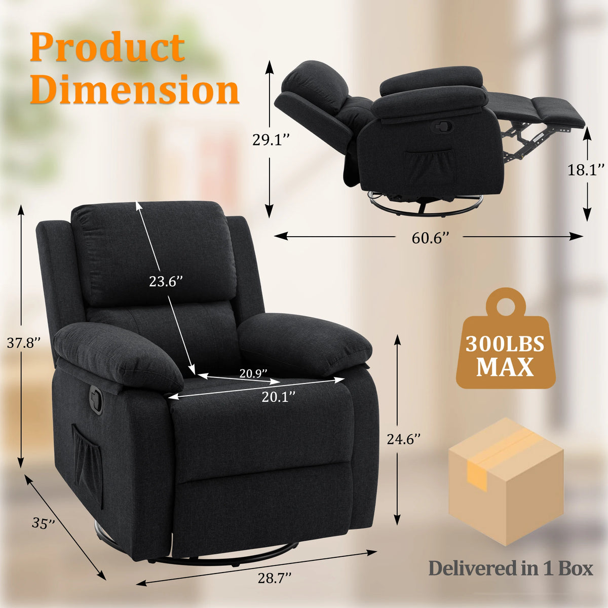 Korser Upholstered Swivel Rocker Recliner Chair for Home Furniture