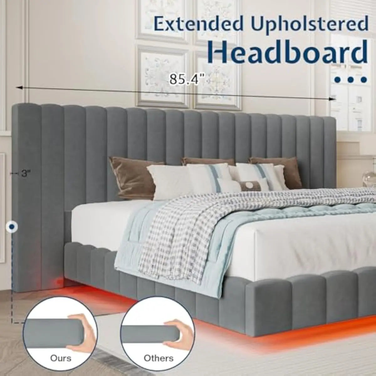 Tufted Velvet Upholstered Bed Frame With LED Lights And Storage