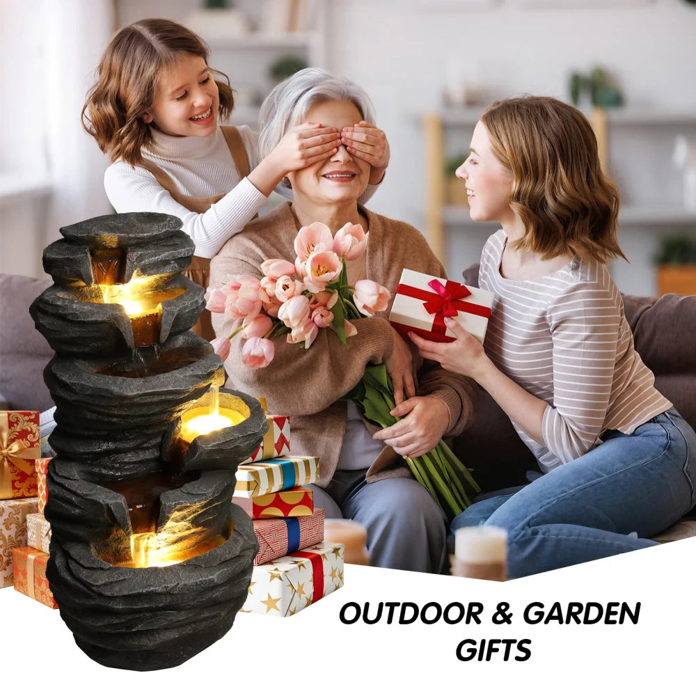 Outdoor Cascading Waterfall Fountain with Lights for Garden Decor