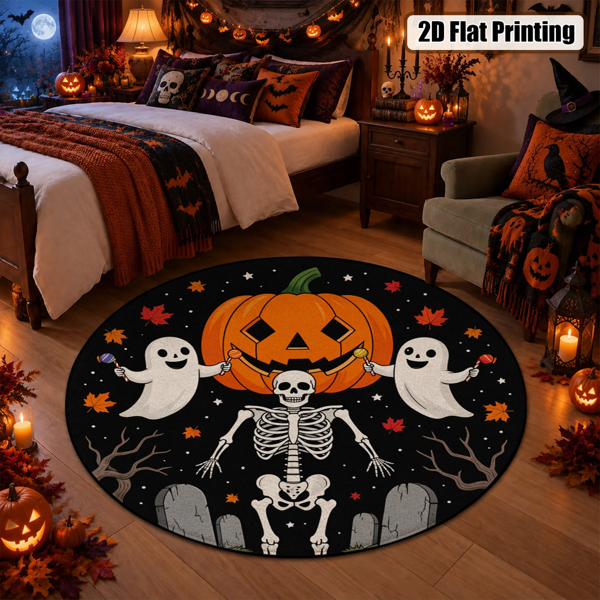 Halloween Pumpkin Ghost Skeleton Round Velvet Mat Machine Washable Decor