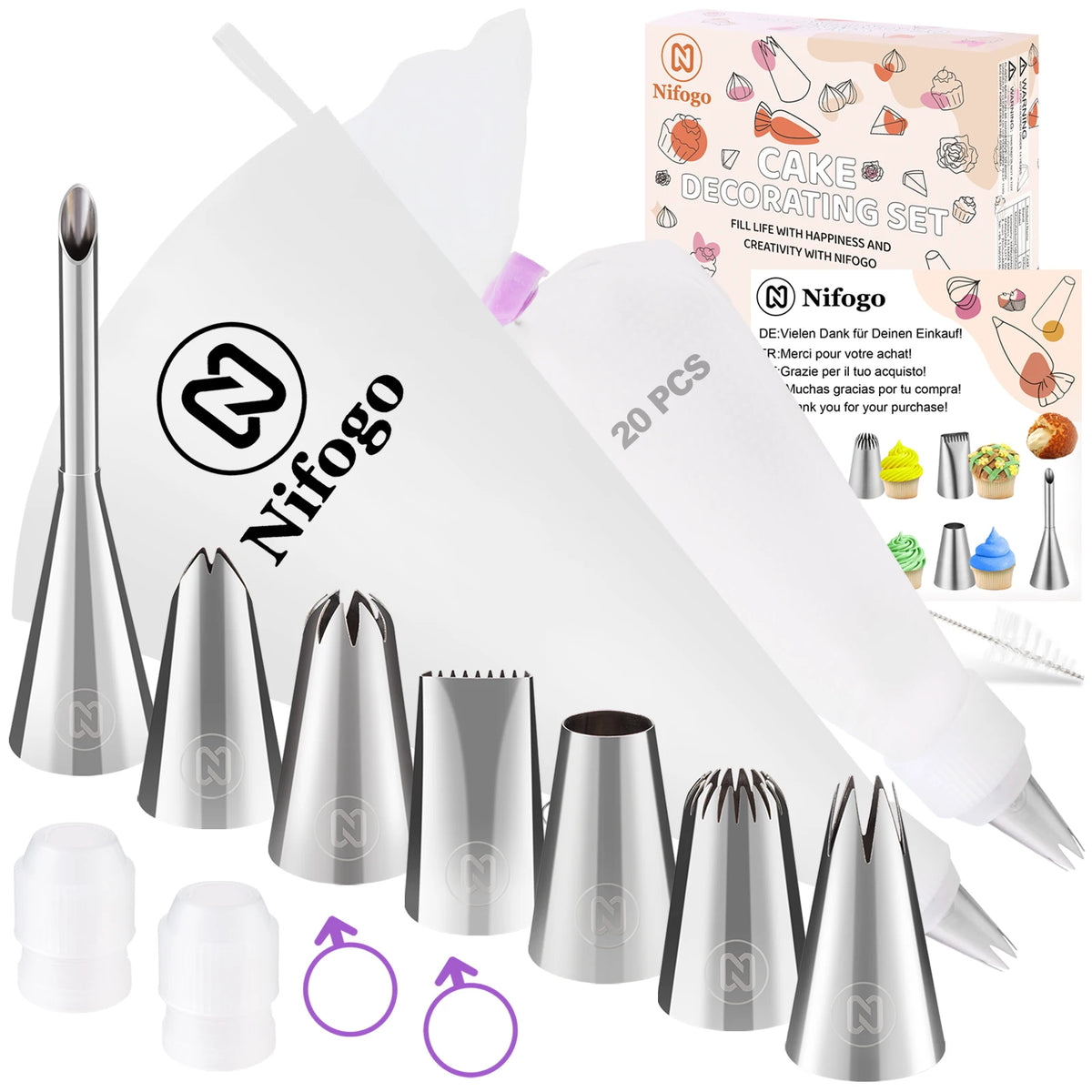 Nifogo Reusable Piping Bag Kit With Icing Tips Set