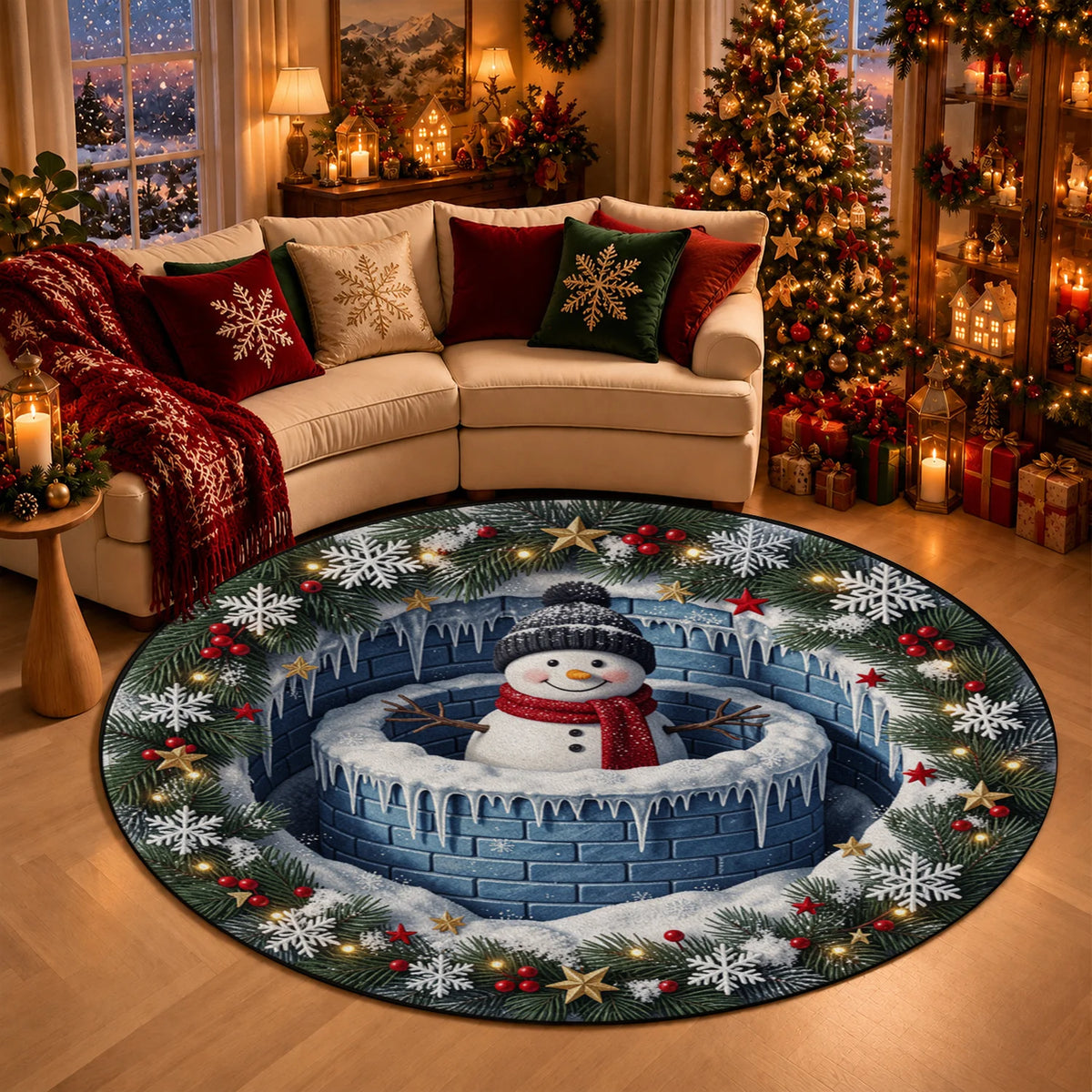 Winter Snowman Velvet Rug With Snowflake Pattern And Rubber Backing