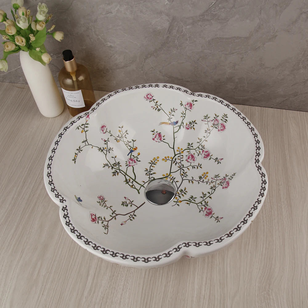 MEKKHALA Floral Ceramic Vessel Sink Set With Waterfall Faucet Combo
