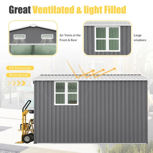 10x12 Ft Outdoor Storage Shed, Extra Large Metal Shed with Lockable Doors, Windows, Outside Steel Tiny House Ideal for Garden