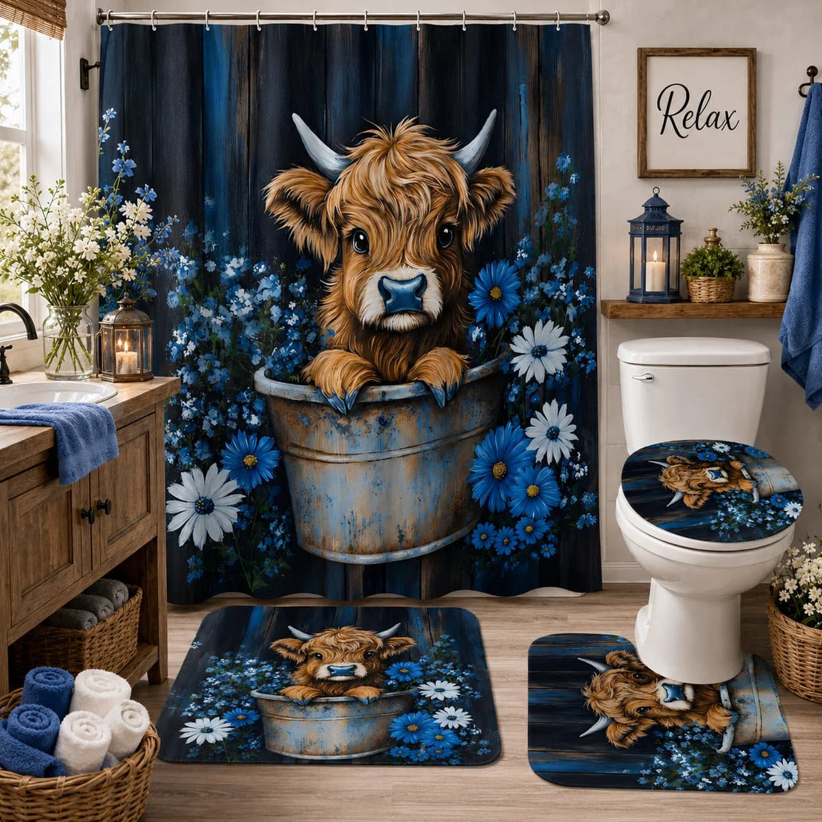 Highland Cow Scottish Farmhouse Bathroom Shower Curtain Set