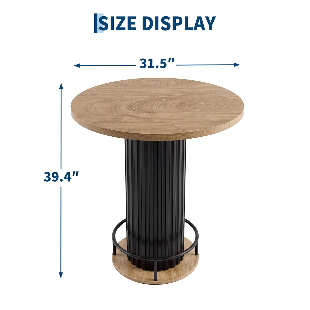 31.5 Inch Round Bar Table, 39.4 Inch High Bistro Pub Table With Iron Wave Base, Footrest, Wood Grain Top For Small Spaces Home